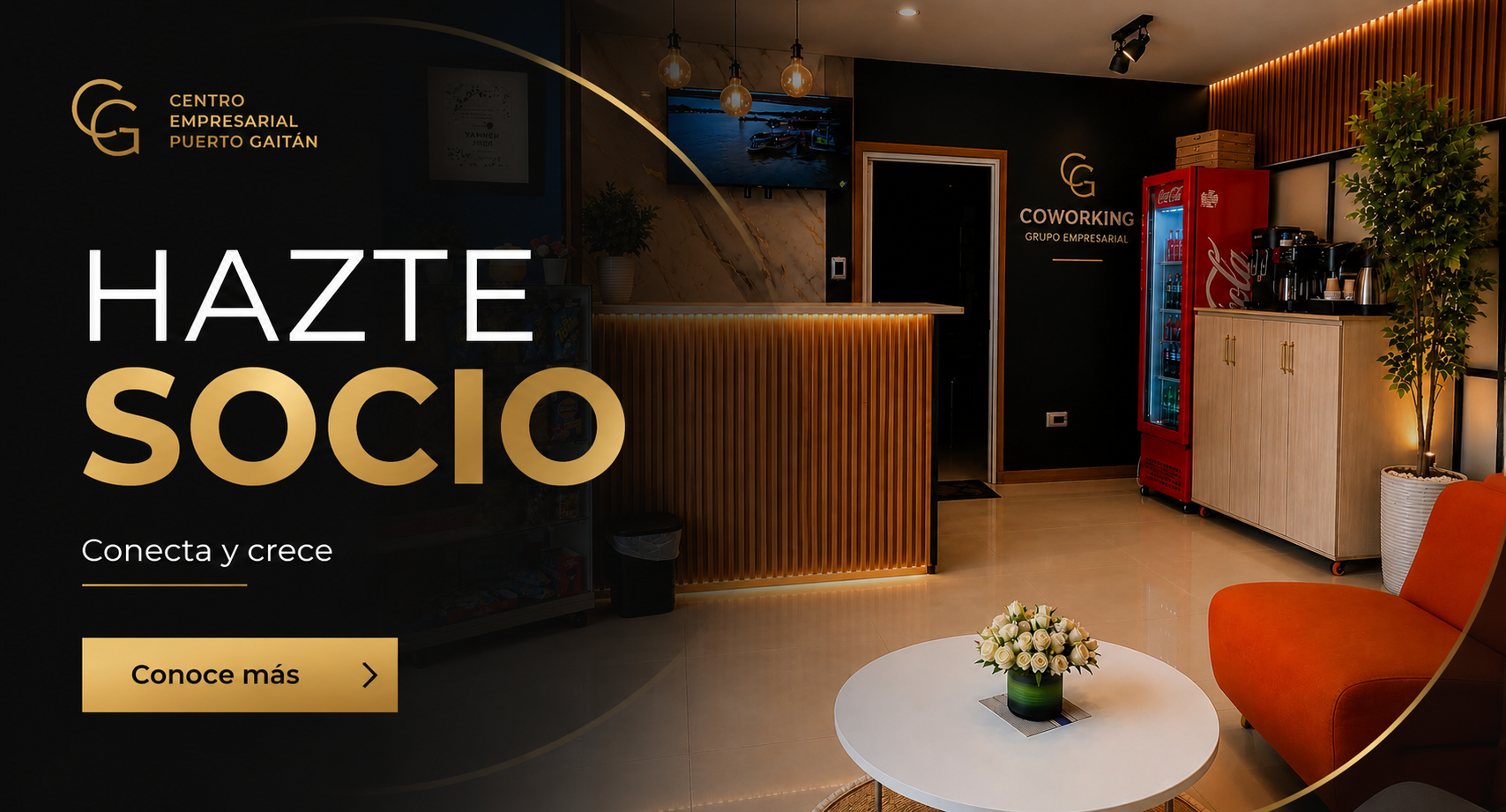 Pieza visual Hazte socio con area de recepcion y coworking.